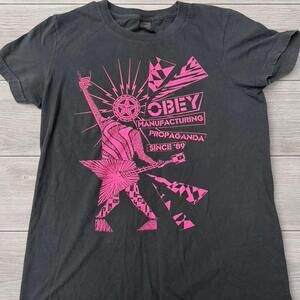 Obey Black Graphic T-Shirt with Hot Pink Protest Art – Size M